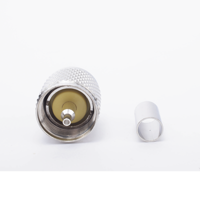 Conector UHF Macho (PL-259) de Anillo Plegable para Cable Coaxial RG-8/X, 9258, LMR-240, Níquel/ Plata/ Baquelita.
