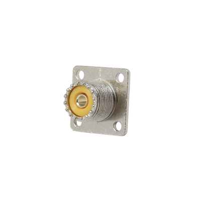 Conector UHF Hembra (SO-239), para Montaje en Chasis con 4 perforaciones a 18 mm, Terminal Soldable, Níquel/ Plata/ Delrin.