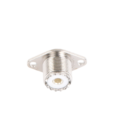 Conector UHF Hembra (SO-239-2H) para Chasis, Doble Perforación, Conductor Central Soldable, Níquel/ Plata/ PBT. Conector UHF Hembra (SO-239-2H) para Chasis, Doble Perforación, Conductor Central Soldable, Níquel/ Plata/ PBT.