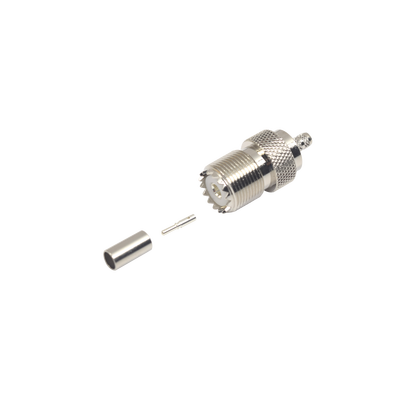 Conector UHF Hembra (SO-239) en Línea, de Anillo Plegable para Cable RG-58/U, RG-142/U, Níquel/ Plata/ Delrin. Conector UHF Hembra (SO-239) en Línea, de Anillo Plegable para Cable RG-58/U, RG-142/U, Níquel/ Plata/ Delrin.