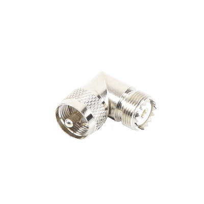 Adaptador en Ángulo Recto, de Conector UHF Macho (PL-259) a UHF Hembra (SO-239), Níquel/ Oro/ Delrin. Adaptador en Ángulo Recto, de Conector UHF Macho (PL-259) a UHF Hembra (SO-239), Níquel/ Oro/ Delrin.