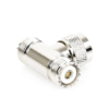 Adaptador en forma T, de Conector UHF Macho (PL-259) a Doble UHF Hembra (SO-239), Níquel/ Plata/ Delrin.