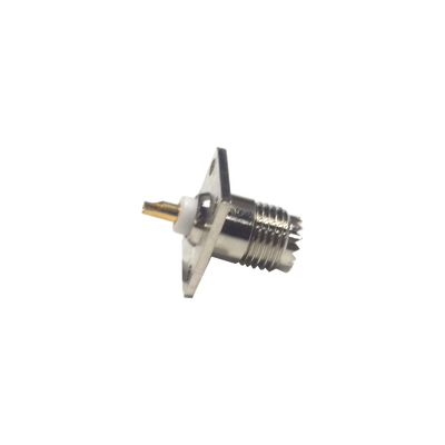 Conector Mini UHF Hembra para Montaje con 4 Perforaciones a 13 mm en Panel, Níquel/ Oro/ Teflón.