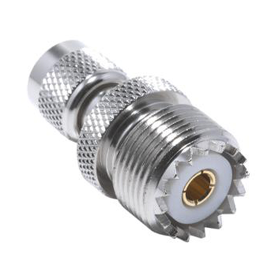 Adaptador en Línea de Conector Mini UHF Macho a UHF Hembra (SO-239), Níquel/ Oro/ Teflón.
