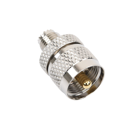 Adaptador en Línea de Conector Mini UHF Hembra a UHF Macho (PL-259), Níquel/ Oro/ Teflón.