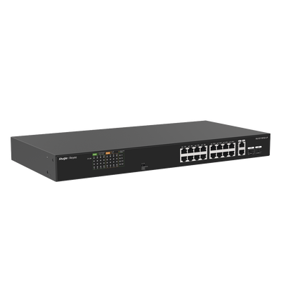 Switch PoE+ 120 Watts, No Administrable Ideal para CCTV, 16 Puertos 10/100, 2 Uplinks Gigabit y 2 SFP, Carcasa Metálica