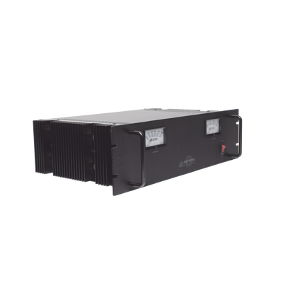 Fuente de poder 13.8Vcc, 50A, lineal regulada con circuito cargador de baterías, medidores, para instalación en rack