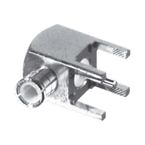 Conector MCX Macho en Ángulo Recto para Montaje en PCB con Terminal y 4 Patas, Oro/ Oro/ Teflón.