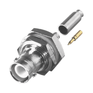 Conector BNC Hembra Inverso de Montaje Trasero en Panel, D-Plano, Hermético de Anillo Plegable para RG-174/U, Níquel/ Oro/ Teflón.