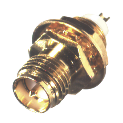 Conector SMA Hembra Inverso de Montaje Frontal en Panel, D-Plano, Soldable, Oro/ Oro/ Teflón. Conector SMA Hembra Inverso de Montaje Frontal en Panel, D-Plano, Soldable, Oro/ Oro/ Teflón.