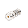 Adaptador en Línea, de Conector QMA (Quick Mate) Macho a Mini-UHF Hembra, Bronce Blanco/ Oro/ Teflón.