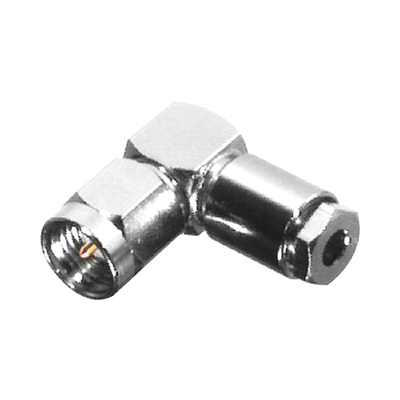 Conector SMA Macho en Ángulo Recto, de Rosca para RG-174/U, Grupo B, Níquel/ Oro/ Teflón.â€‹