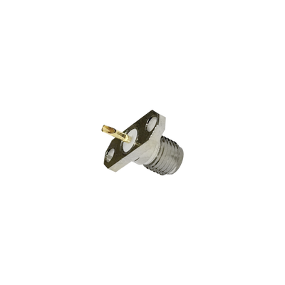 Conector SMA Hembra de Montaje en Panel para 2 Perforaciones y PIN Soldable, Requiere Capucha, Níquel/ Oro/ Teflón.
