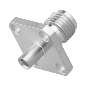 Conector SMA Hembra, 4 Hoyos en Panel de 13 mm, Soldable en Cable Semi-Rígido de 0.047" Diámetro, Grupo SR0, SS-Oro/ Oro/ Teflón.