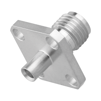 Conector SMA Hembra, 4 Hoyos en Panel de 13 mm, Soldable en Cable Semi-Rígido de 0.047" Diámetro, Grupo SR0, SS-Oro/ Oro/ Teflón.