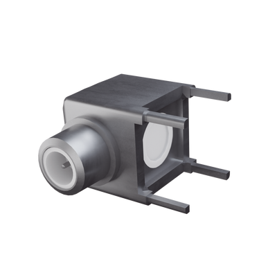 Conector SMB Hembra (PIN Macho) en Ángulo Recto de Montaje para PCB, 75 Ohm, Oro/ Oro/ Teflón.