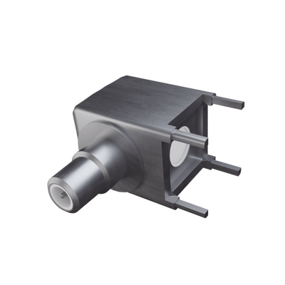 Conector SMB Hembra (PIN Macho) en Ángulo Recto para Montaje en PCB, 4 Patas, Níquel/ Oro/ Teflón.â€‹