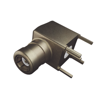 Conector SMB Macho (PIN Hembra) en Ángulo Recto, con Terminal y 4 Patas para Montaje en PCB, Oro/ Oro/ Teflón.â€‹
