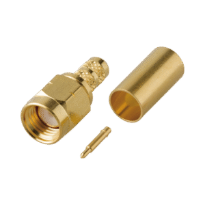 Conector SMA Macho en línea tipo Rosca Izquierda, de Anillo Plegable para Cable RG-142/U y Grupo C1, Oro/ Oro/ Teflón.