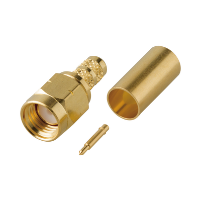 Conector SMA Macho en línea tipo Rosca Izquierda, de Anillo Plegable para Cable RG-142/U y Grupo C1, Oro/ Oro/ Teflón.