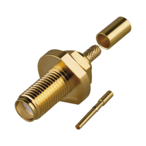 Conector SMA Hembra de Rosca Izquierda, Montaje Frontal en Panel para Cables del Gurpo B, Oro/ Oro/ Teflón.