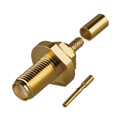 Conector SMA Hembra de Rosca Izquierda, Montaje Frontal en Panel para Cables del Gurpo B, Oro/ Oro/ Teflón. Conector SMA Hembra de Rosca Izquierda, Montaje Frontal en Panel para Cables del Gurpo B, Oro/ Oro/ Teflón.