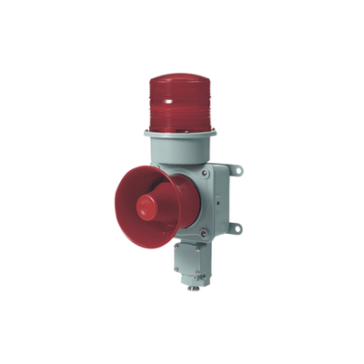Combinación de baliza LED color roja con sirena electrónica para aplicaciones de la industria pesada máx.114 dB a 220 VCA Combinación de baliza LED color roja con sirena electrónica para aplicaciones de la industria pesada máx.114 dB a 220 VCA