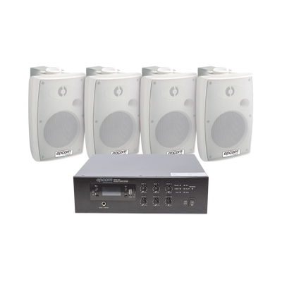 KIT de Amplificador de 120W para Escritorio | 4 Altavoces de Pared color Blanco 2.5W - 20W | Sistema 70/100V KIT de Amplificador de 120W para Escritorio | 4 Altavoces de Pared color Blanco 2.5W - 20W | Sistema 70/100V