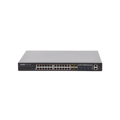 Switch Administrable L3 Stacking 10/100/1000T 24 puertos PoE802.3at, 4 puertos 10G SFP+ 370 W