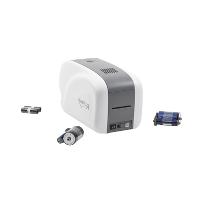 Kit Impresora de tarjetas PVC/ Una Cara /incluye: 2 x Ribbons, 100 Tarjetas PVC, Software, Kit Limpieza, Garantia 3 Años, Mascara de Seguridad UV