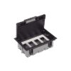 Caja de Suelo Simon / Profundidad Ajustable 70 a 100 mm / Capacidad para 4 Módulos / Incluye Cubeta y Embellecedor / Instalación en Pavimento / Resistencia al Calor +125°C / Carga Máxima 1300 kg