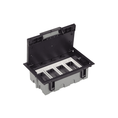 Caja de Suelo o Piso Falso / Capacidad para 4 Módulos / Espacio Embellecedor / Profundidad Ajustable 90 a 120 mm / Agujeros Pre-Perforados / Resistencia al Calor 125°C
