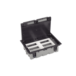 Caja de Suelo o Piso Falso / Capacidad para 6 Módulos / Espacio Embellecedor / Profundidad Ajustable 90 a 120 mm / Agujeros Pre-Perforados / Resistencia al Calor 125°C Caja de Suelo o Piso Falso / Capacidad para 6 Módulos / Espacio Embellecedor / Profundidad Ajustable 90 a 120 mm / Agujeros Pre-Perforados / Resistencia al Calor 125°C