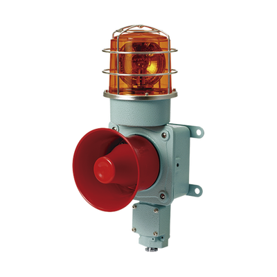 Combinación de luz de advertencia giratoria color Ámbar con bocina eléctrica para aplicaciones de la industria a 24 VCD, máx. 120 dB