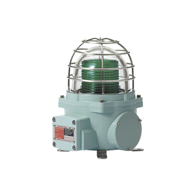 Baliza con luz LED color Verde con patrón de destello fijo o flasheante, ideal para zonas y áreas peligrosas, opera en un rango de 12-24 VCD