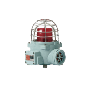 Luz LED color Rojo de advertencia con patrón de destello flasheante/fijo para zonas peligrosas con buzzer incluido a 105 dB. de 120 VCA