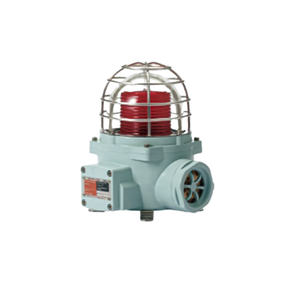 Luz LED color Rojo de advertencia con patrón de destello flasheante/fijo para zonas peligrosas con buzzer incluido a 105 dB. de 120 VCA