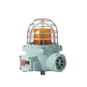 Luz LED color Ámbar de advertencia con patrón de destello flasheante/fijo para zonas peligrosas con buzzer incluido a 105 dB. de 24 VCD