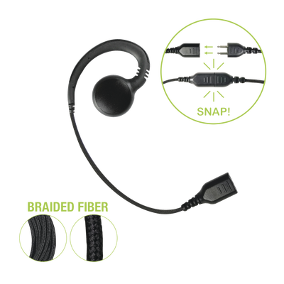Auricular giratorio con gancho en forma de "G" con cable de fibra trenzada y conector SNAP. Requiere micrófono de solapa de 1 o 2 hilos de la Serie SNAP.