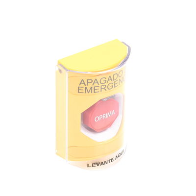 Botón de Apagado de Emergencia, Texto en Español, Tapa Protectora de Policarbonato Súper Resistente, Restablecimiento con Llave