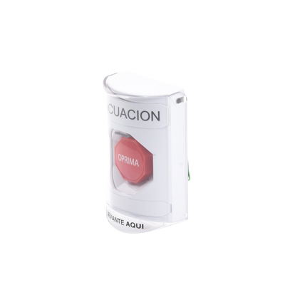 Botón de Evacuación, Texto en Español, Tapa Protectora de Policarbonato Súper Resistente, Restablecimiento con Llave Botón de Evacuación, Texto en Español, Tapa Protectora de Policarbonato Súper Resistente, Restablecimiento con Llave