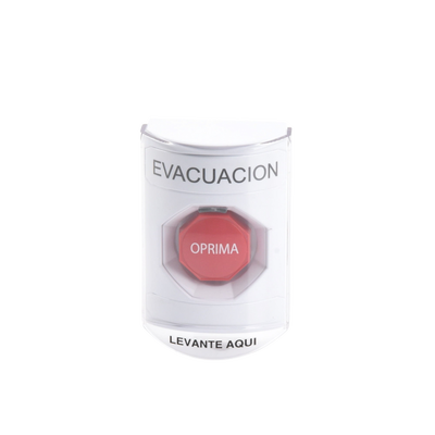 Botón de Evacuación, Texto en Español, Tapa Protectora de Policarbonato Súper Resistente, Restablecimiento con Llave Botón de Evacuación, Texto en Español, Tapa Protectora de Policarbonato Súper Resistente, Restablecimiento con Llave
