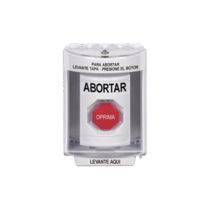 Botón de Abortar, Bocina de Advertencia Integrada, Texto en Español, Tapa Protectora de Policarbonato Súper Resistente con Espaciador, Restablecimiento con Llave Botón de Abortar, Bocina de Advertencia Integrada, Texto en Español, Tapa Protectora de Policarbonato Súper Resistente con Espaciador, Restablecimiento con Llave