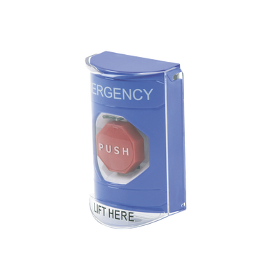 Botón Multipropósito, Color Azul, De Superficie, Con Tapa De Policarbonato, Con Bocina Pre Alarma, Para Interior, Llave Para Restablecer, Texto De Emergencia, Ingles