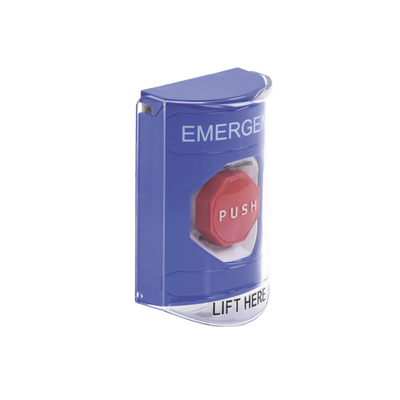 Botón Multipropósito, Color Azul, De Superficie, Con Tapa De Policarbonato, Con Bocina Pre Alarma, Para Interior, Llave Para Restablecer, Texto De Emergencia, Ingles