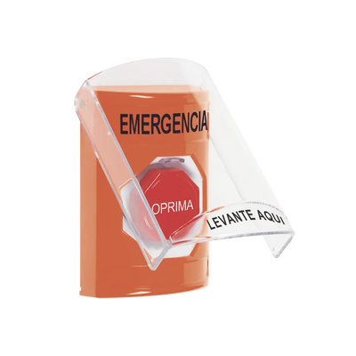 ​Botón Multipropósito, Color Naranja, De Superficie, Con Tapa De Policarbonato, Con Bocina Pre Alarma, Para Interior, Llave Para Restablecer, Texto De Emergencia, Español