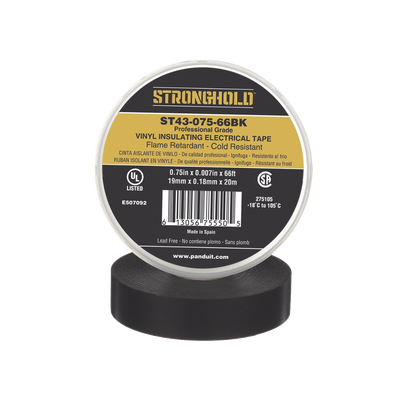 Cinta Eléctrica STRONGHOLD para Aislar, de PVC, Uso Profesional en Construcción Eléctrica, Grosor 0.18mm (7 mil), Ancho 19mm, y 20m Largo, Color Negro.