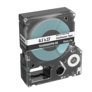 Casete de Etiquetas de Vinilo de Cinta Continua, Color Negro Sobre Blanco, Uso Interior/Exterior, 12 (0.5 in) mm de Ancho x 7 Metros de Largo Casete de Etiquetas de Vinilo de Cinta Continua, Color Negro Sobre Blanco, Uso Interior/Exterior, 12 (0.5 in) mm de Ancho x 7 Metros de Largo