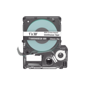 Casete de Etiquetas de Poliéster de Cinta Continua, Color Blanco Sobre Verde, Uso Interior/Exterior, 24 mm (1 in) de Ancho x 9.1 Metros de Largo Casete de Etiquetas de Poliéster de Cinta Continua, Color Blanco Sobre Verde, Uso Interior/Exterior, 24 mm (1 in) de Ancho x 9.1 Metros de Largo