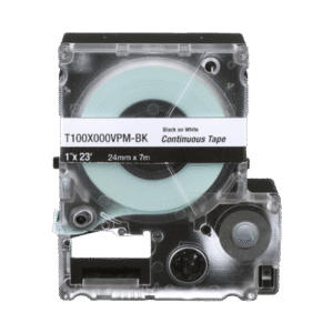 Casete de Etiquetas de Vinilo de Cinta Continua, Color Negro Sobre Blanco, Uso Interior/Exterior, 24 mm (1 in) de Ancho x 7.6 Metros de Largo Casete de Etiquetas de Vinilo de Cinta Continua, Color Negro Sobre Blanco, Uso Interior/Exterior, 24 mm (1 in) de Ancho x 7.6 Metros de Largo